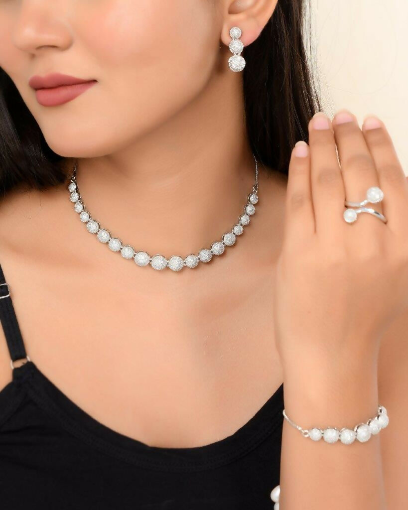 VOJ Silver Plated AD studded Necklace, Earrings With Ring And bracelet