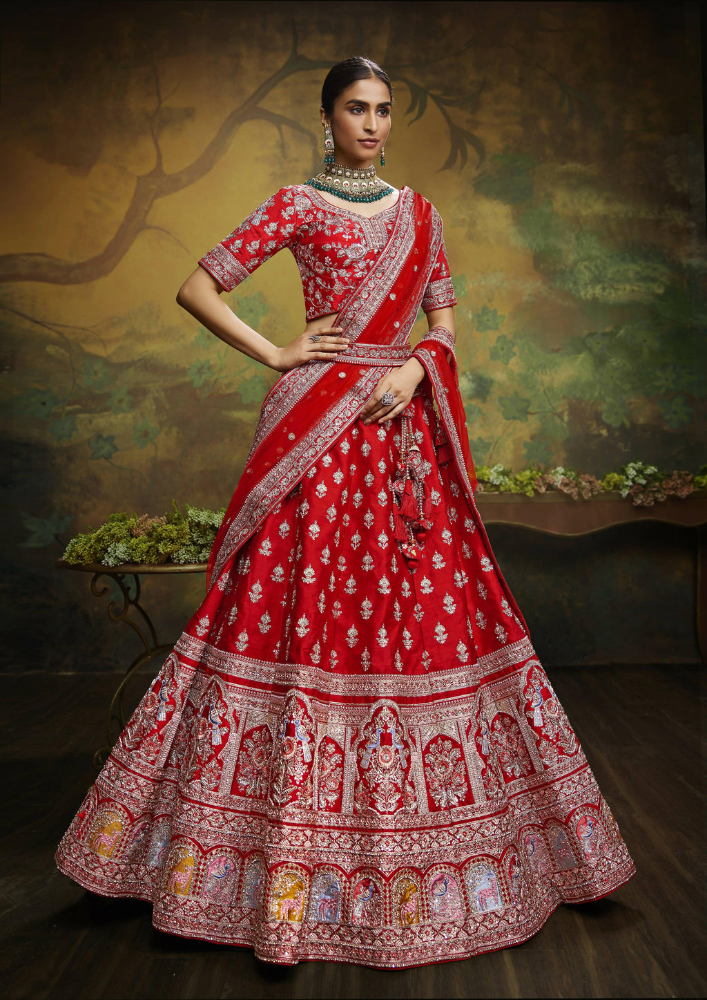 House of Panchhi Red Pure Silk Moti & Zarkan heavy embroidery Lehenga choli & Dupatta