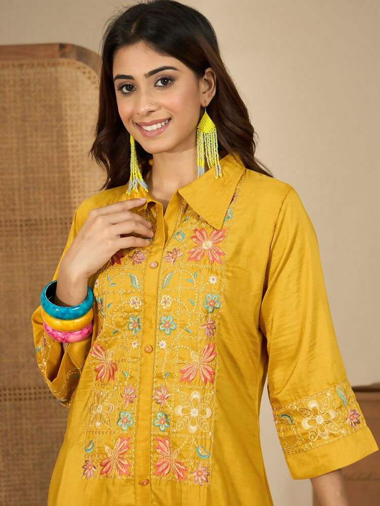Joban Fashion Women Mustard Roman Silk Embroidered Stitched Kurta Set - Distacart