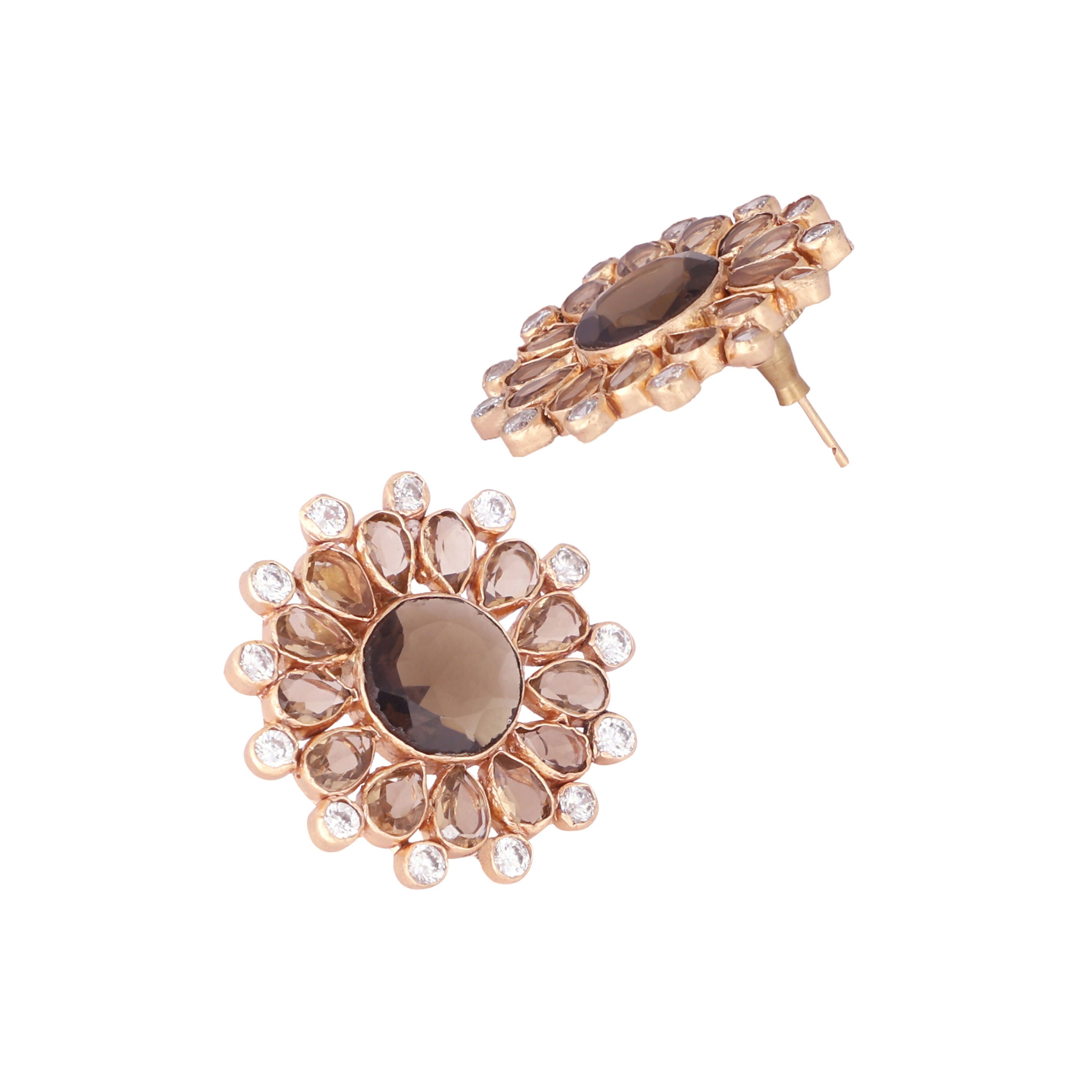 Nuyug 22K Gold Plated Faux Smoky Quartz & White Crystal Studded Contemporary Floral Shaped Studs - Distacart