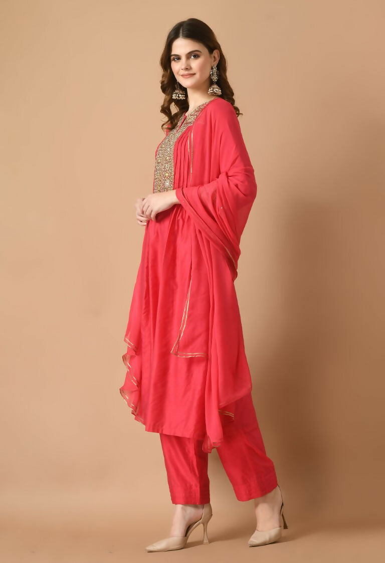Joban Fashion Red Chanderi Kurta Set