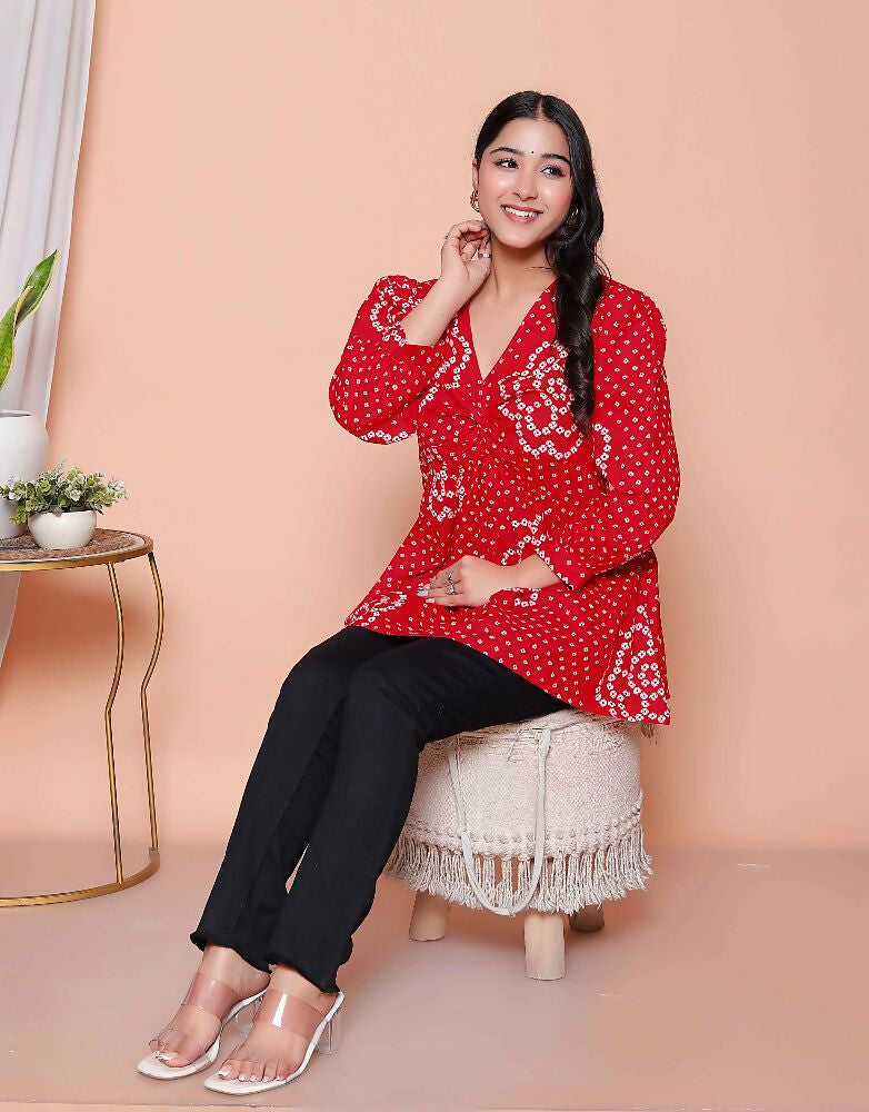 Miravan Womens Red Bandhani Printed Cotton Butterfly Design Top