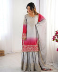 The52 Women's Beautiful Chinon silk Fabric Embroidery Work Straight Kurta Palazzo and Dupatta Set - Distacart