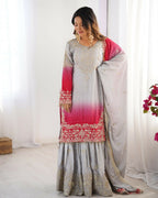 The52 Women's Beautiful Chinon silk Fabric Embroidery Work Straight Kurta Palazzo and Dupatta Set - Distacart