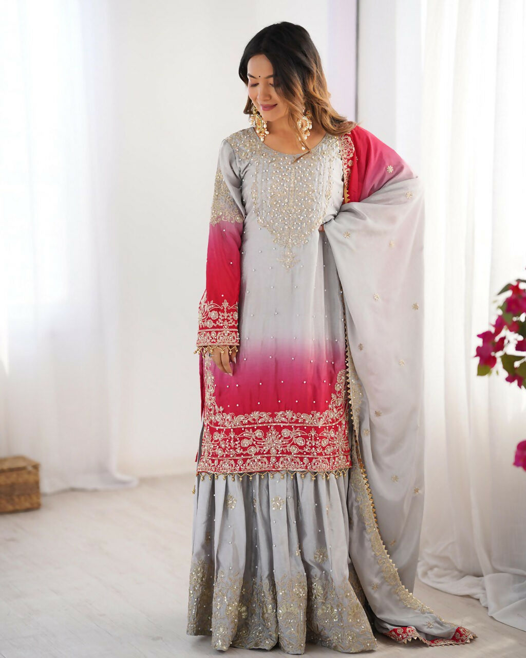 The52 Women's Beautiful Chinon silk Fabric Embroidery Work Straight Kurta Palazzo and Dupatta Set - Distacart
