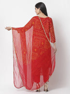 Myshka Women Red Georgette Printed 3/4 Sleeve Round Neck Kurta Pant Dupatta Set