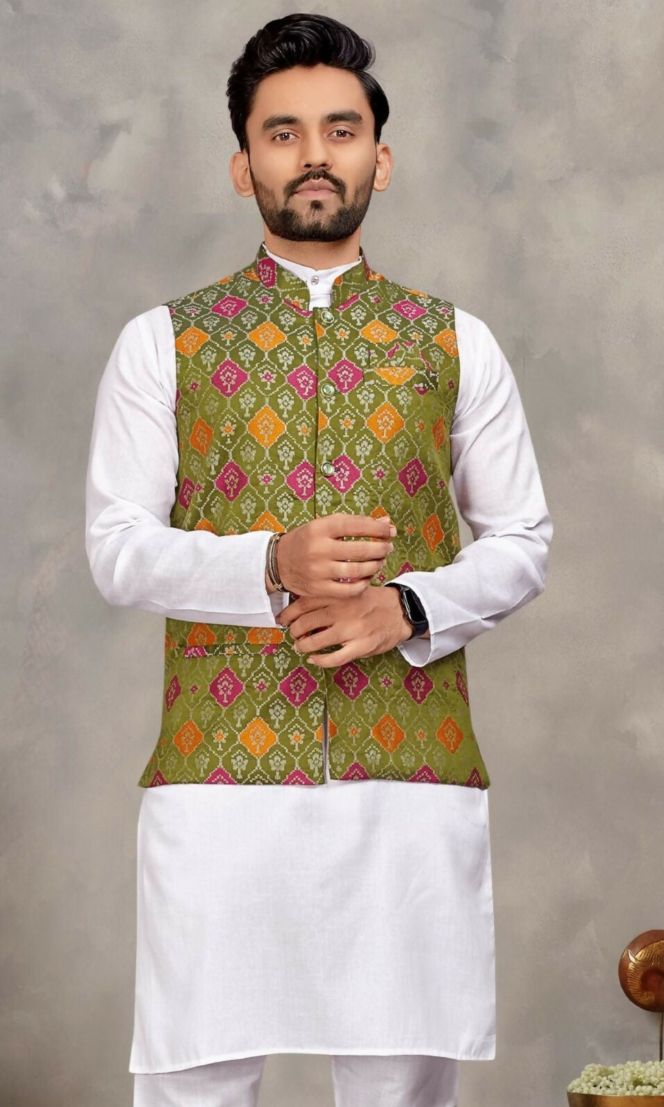 Anaita Mehendi Cotton Straight Kurta Payjama & Koti With Jequard Work