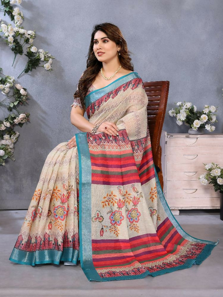 PR Fashion Cream Handloom Linen Cotton Saree