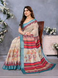 PR Fashion Cream Handloom Linen Cotton Saree