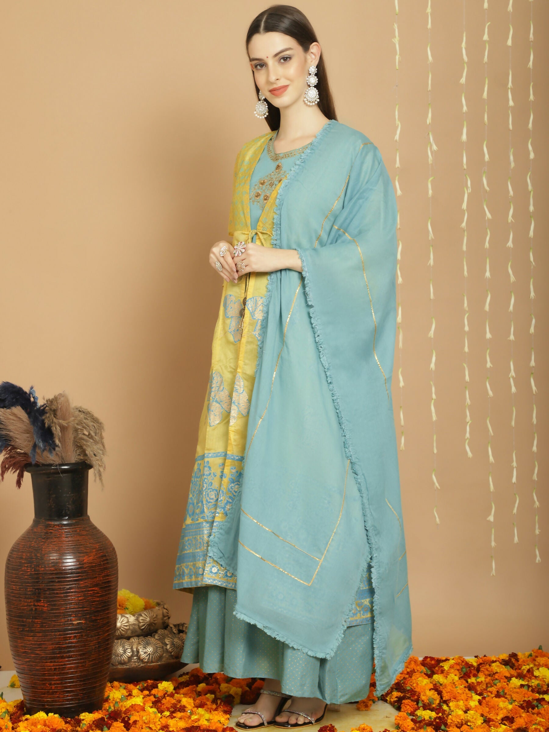 Jyoti Fashion Women's Yellow Chanderi Silk Elegant Jardoshi Kurta with Trouser & Dupatta