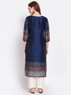 Myshka Women's Navy Blue Printed Chanderi Silk 3/4 Sleeve Round Neck Casual Kurta