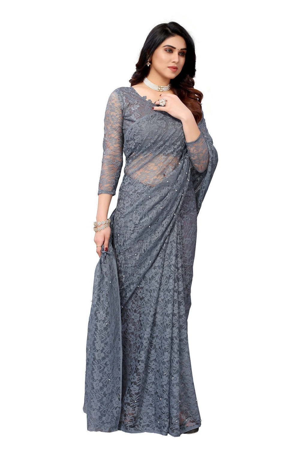 Vamika Ethnic Fire Grey Pearls Net Saree - Distacart