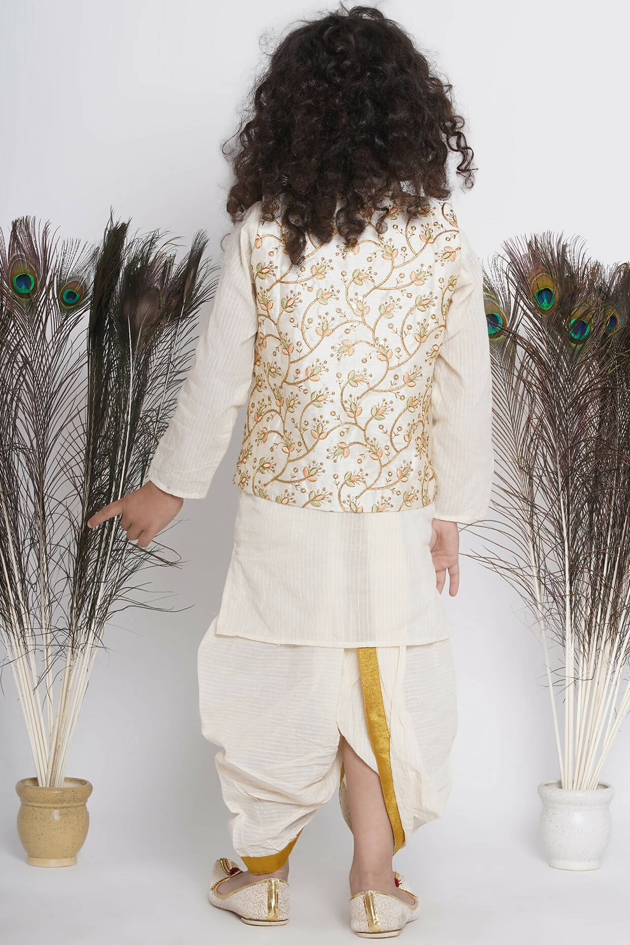 Little Bansi Banarsi Silk Floral Embroidery Jacket With Cotton Kantha kurta And Kantha Dhoti - Cream