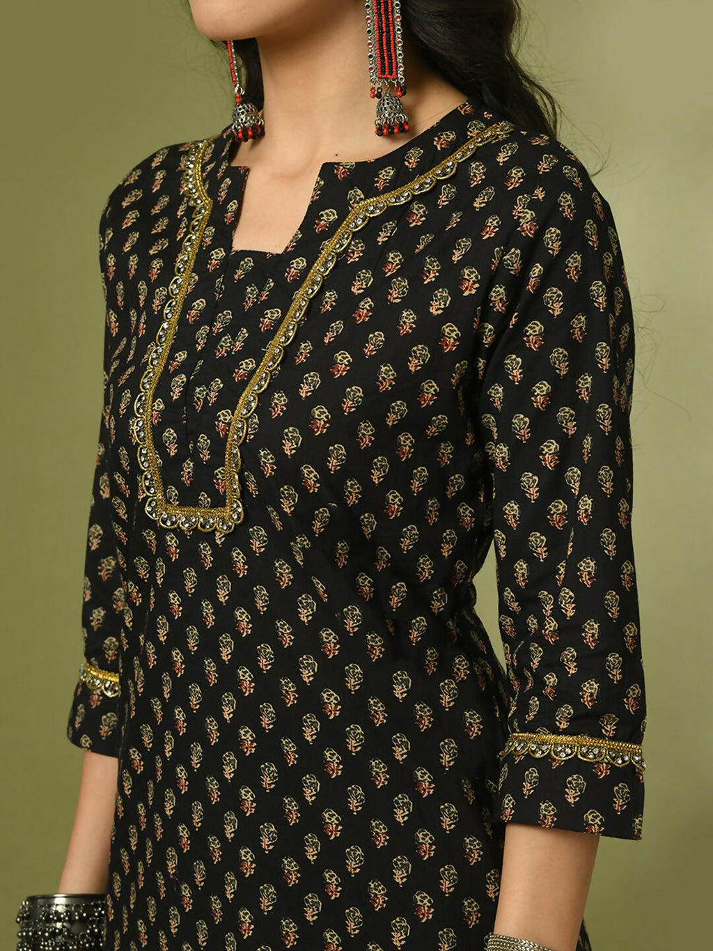 Myshka Women's Black Printed Cotton Straight Party Kurta Set
