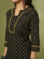 Myshka Women's Black Printed Cotton Straight Party Kurta Set