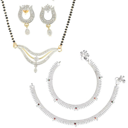 AanyaCentric Gold-Polished Mangalsutra Pendant Earring Set & Silver Plated Anklet
