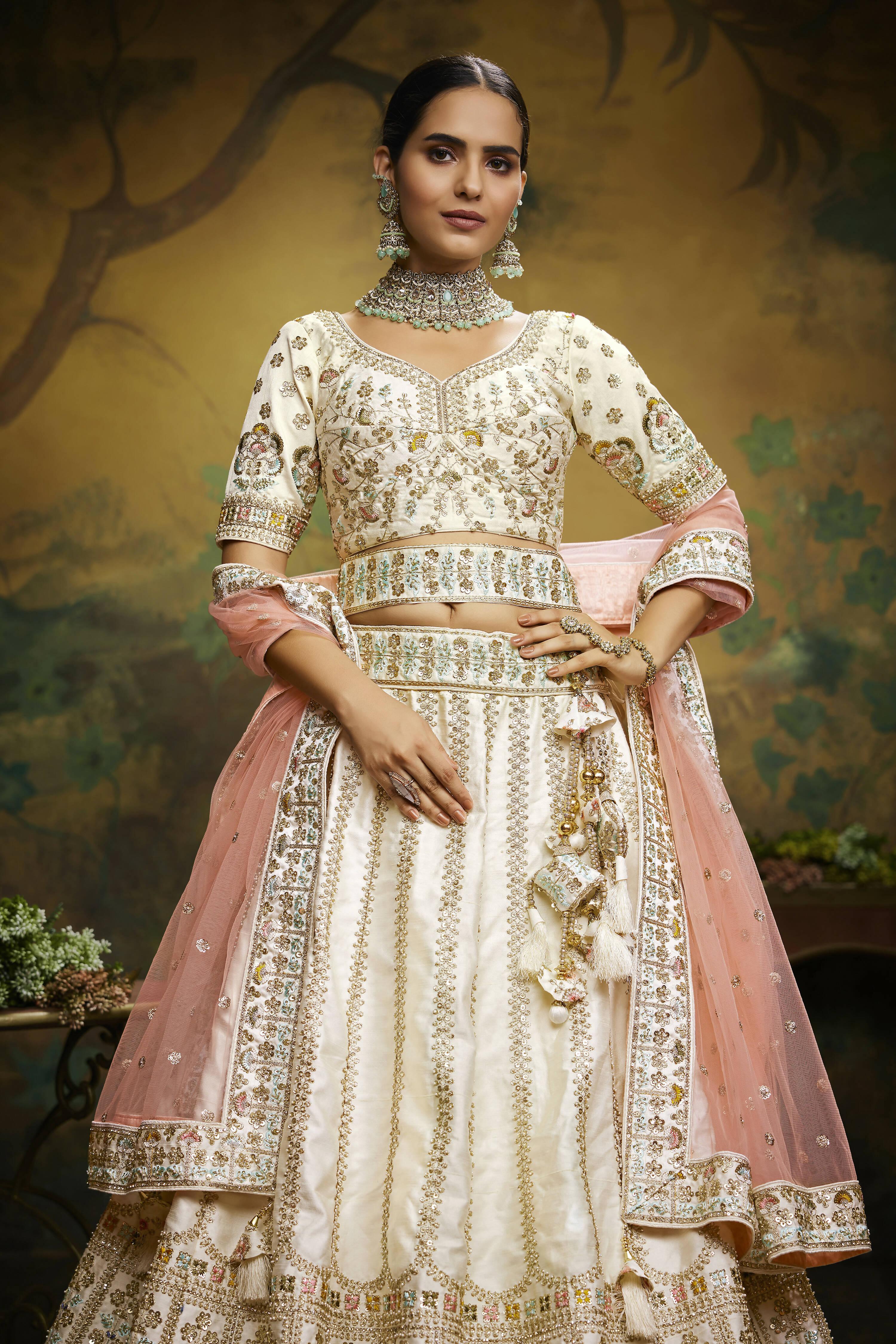 House of Panchhi Off White Pure Silk Moti & Zarkan heavy embroidery Lehenga choli & Dupatta