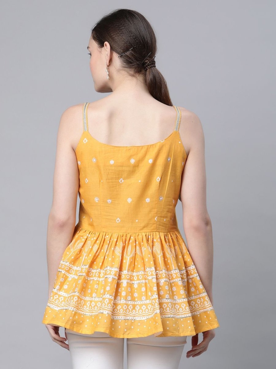 Ahalyaa Women Mustard Pure Cotton Porcian Print Shoulder Straps Tunic - Distacart