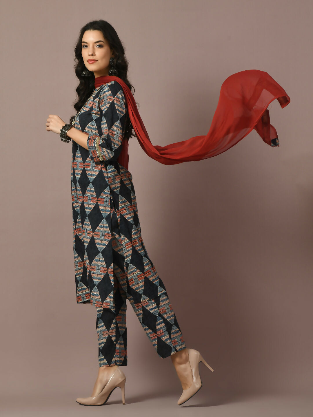 Myshka Women's Multi Printed Cotton Straight Party Kurta Set With Dupatta