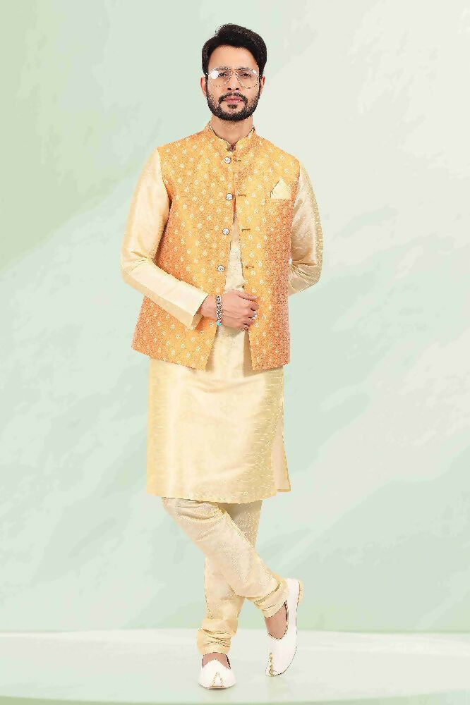 Raivat Ethnic Jacquard Banarasi Silk Woven Work 3 Pics Jacket Set In Mustard Colour - Distacart