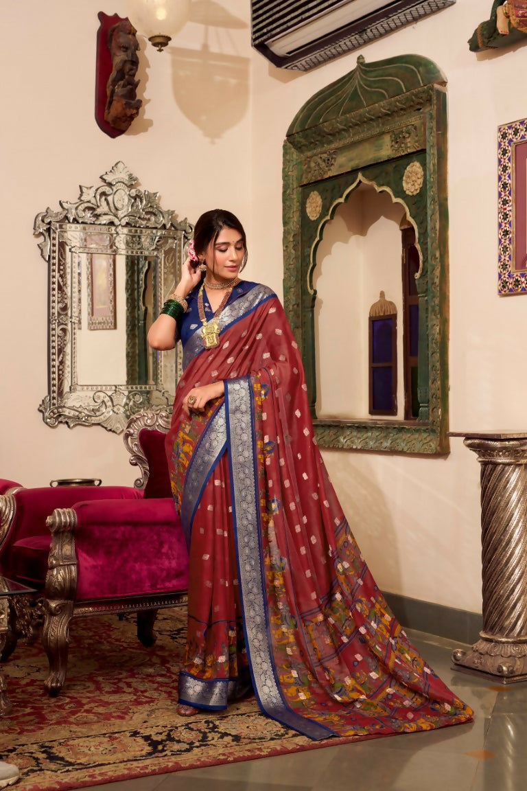 Vastranavya Maroon Poly Cotton Kalamkari Printed Saree with Unstitched Blouse