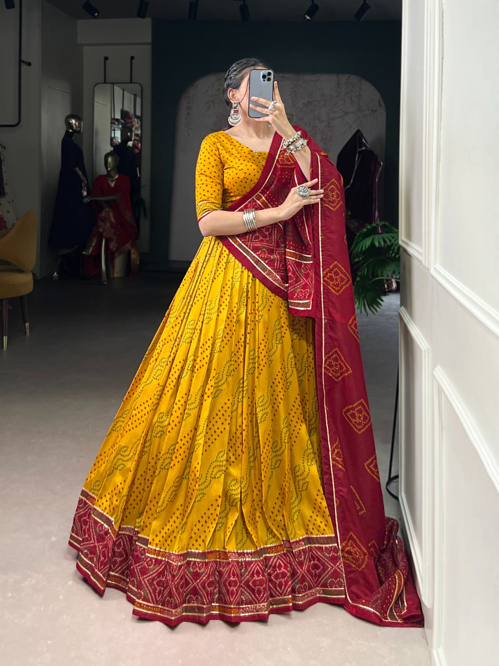 Lorenvalley Fashion Yellow Tasar Silk Bandhej Print With Gotta Patti Lace Touch Up Lehenga Choli with Dupatta
