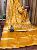 Anaita Yellow Soft Satin Silk Bandhej Print Saree With Kanchi Zari Weaving Border - Distacart