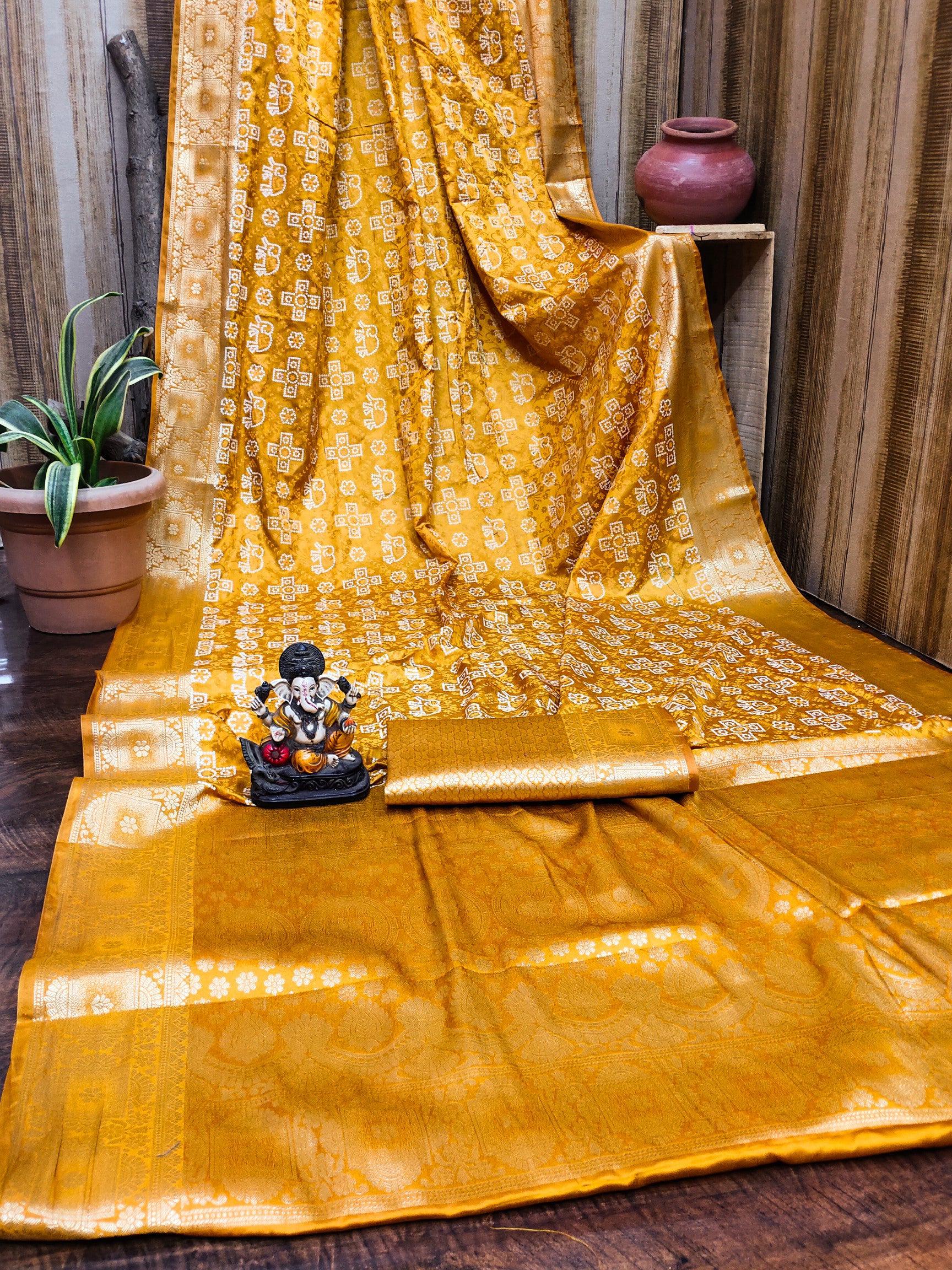 Anaita Yellow Soft Satin Silk Bandhej Print Saree With Kanchi Zari Weaving Border - Distacart