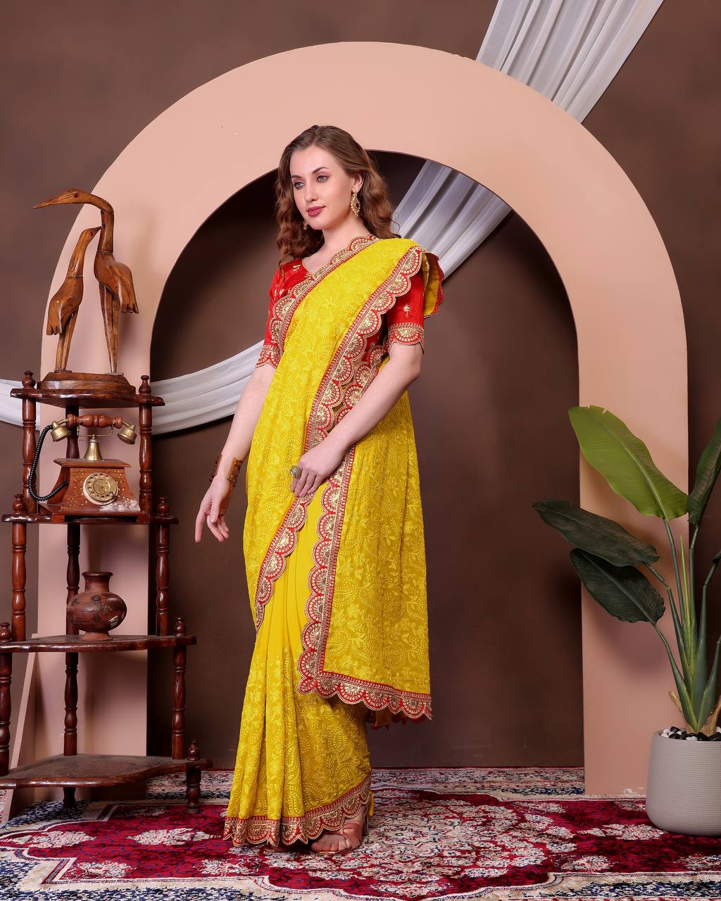 Teeya Creation Yellow Color Georgette Fabric Chikankari Work Saree - Distacart