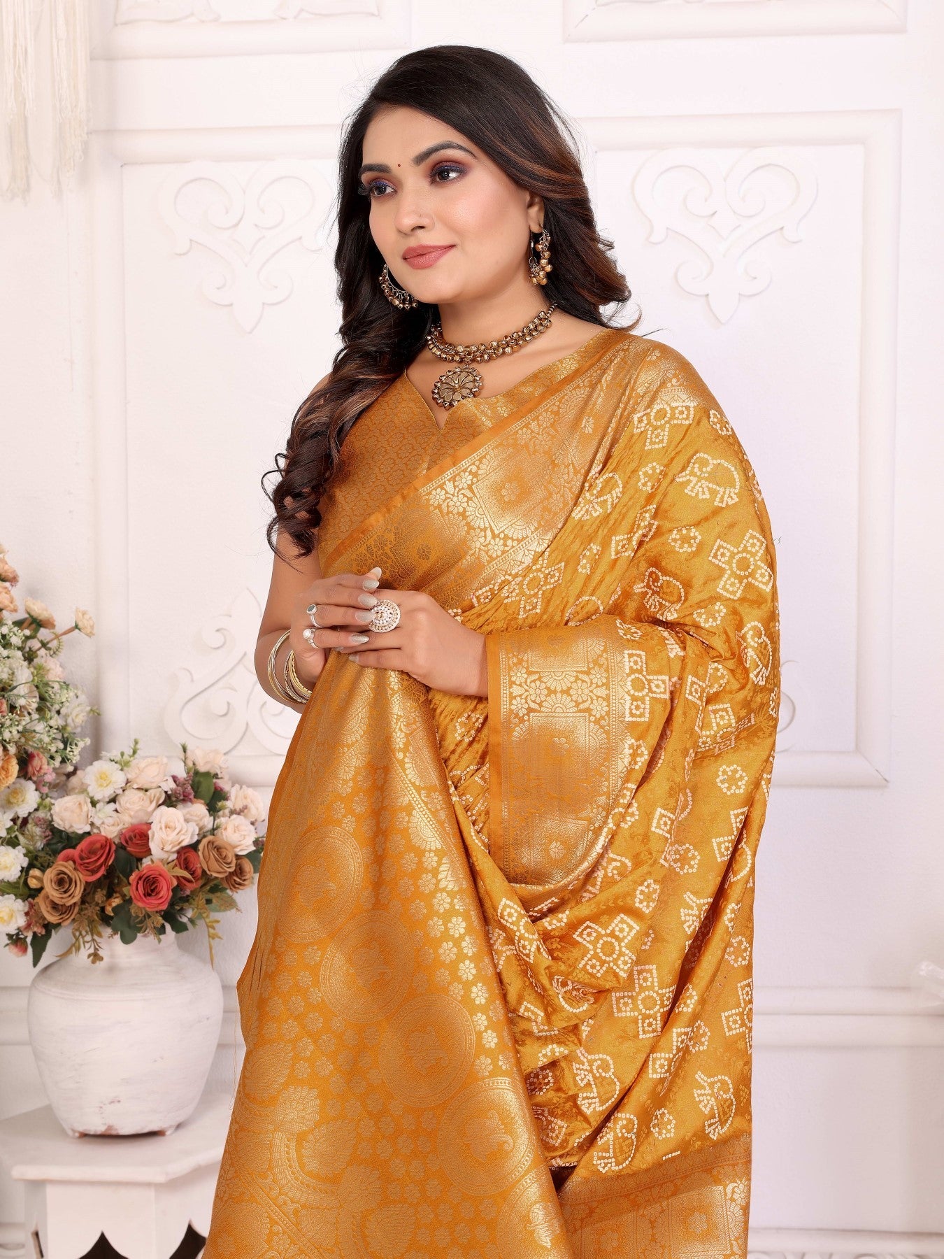 Anaita Yellow Soft Satin Silk Bandhej Print Saree With Kanchi Zari Weaving Border - Distacart