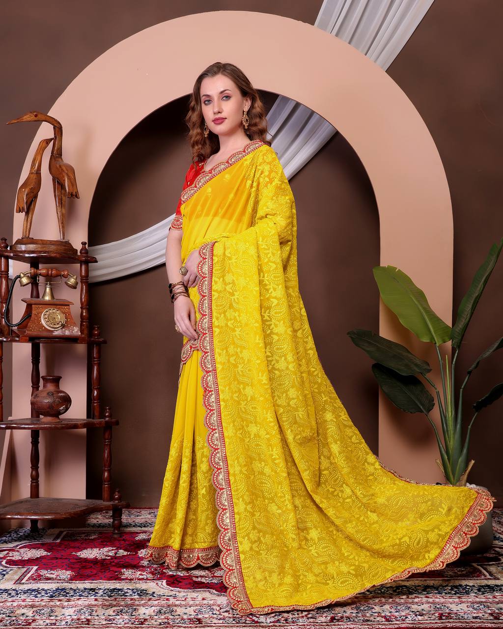 Teeya Creation Yellow Color Georgette Fabric Chikankari Work Saree - Distacart
