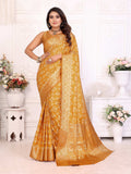 Anaita Yellow Soft Satin Silk Bandhej Print Saree With Kanchi Zari Weaving Border - Distacart
