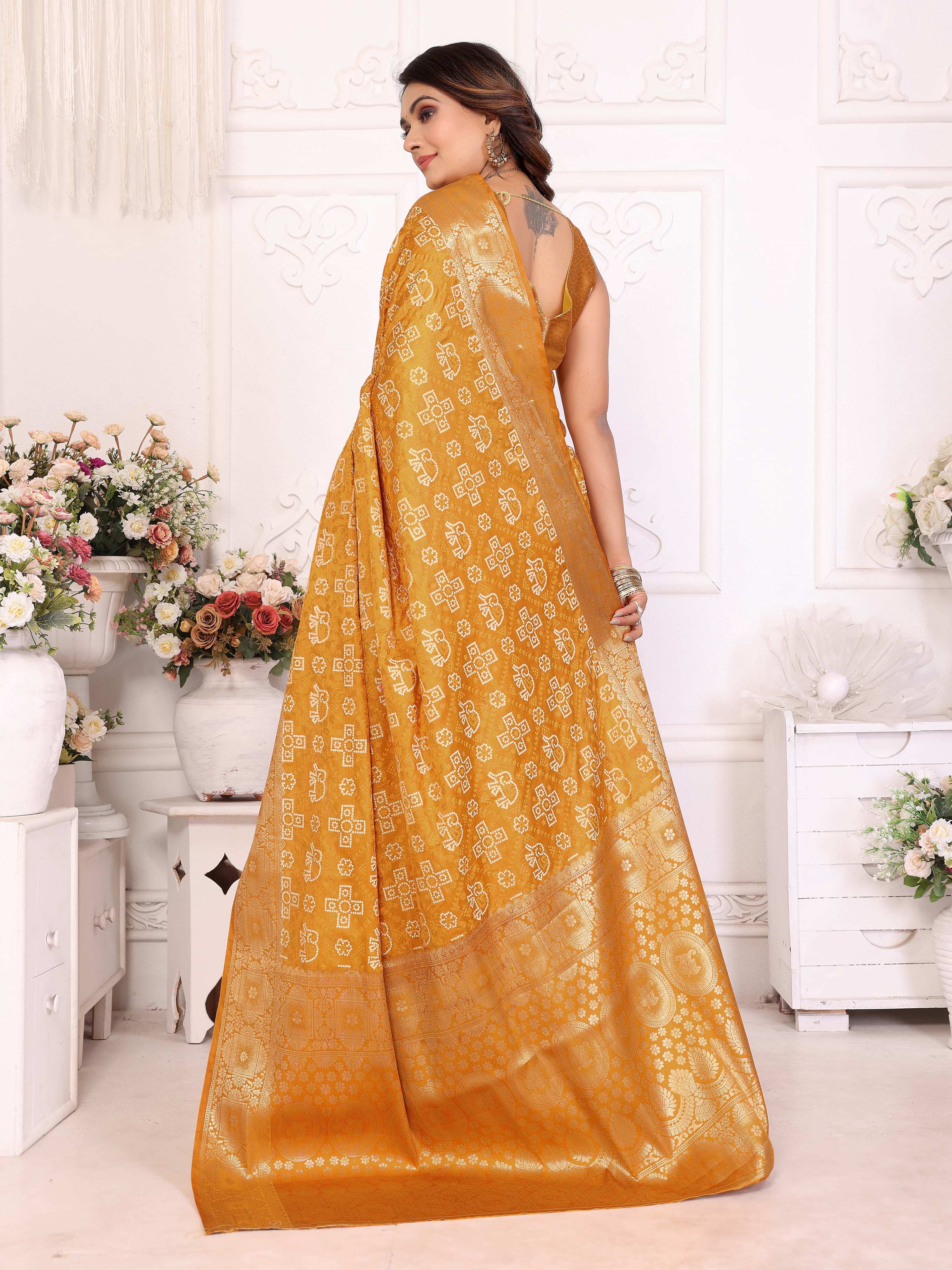 Anaita Yellow Soft Satin Silk Bandhej Print Saree With Kanchi Zari Weaving Border - Distacart