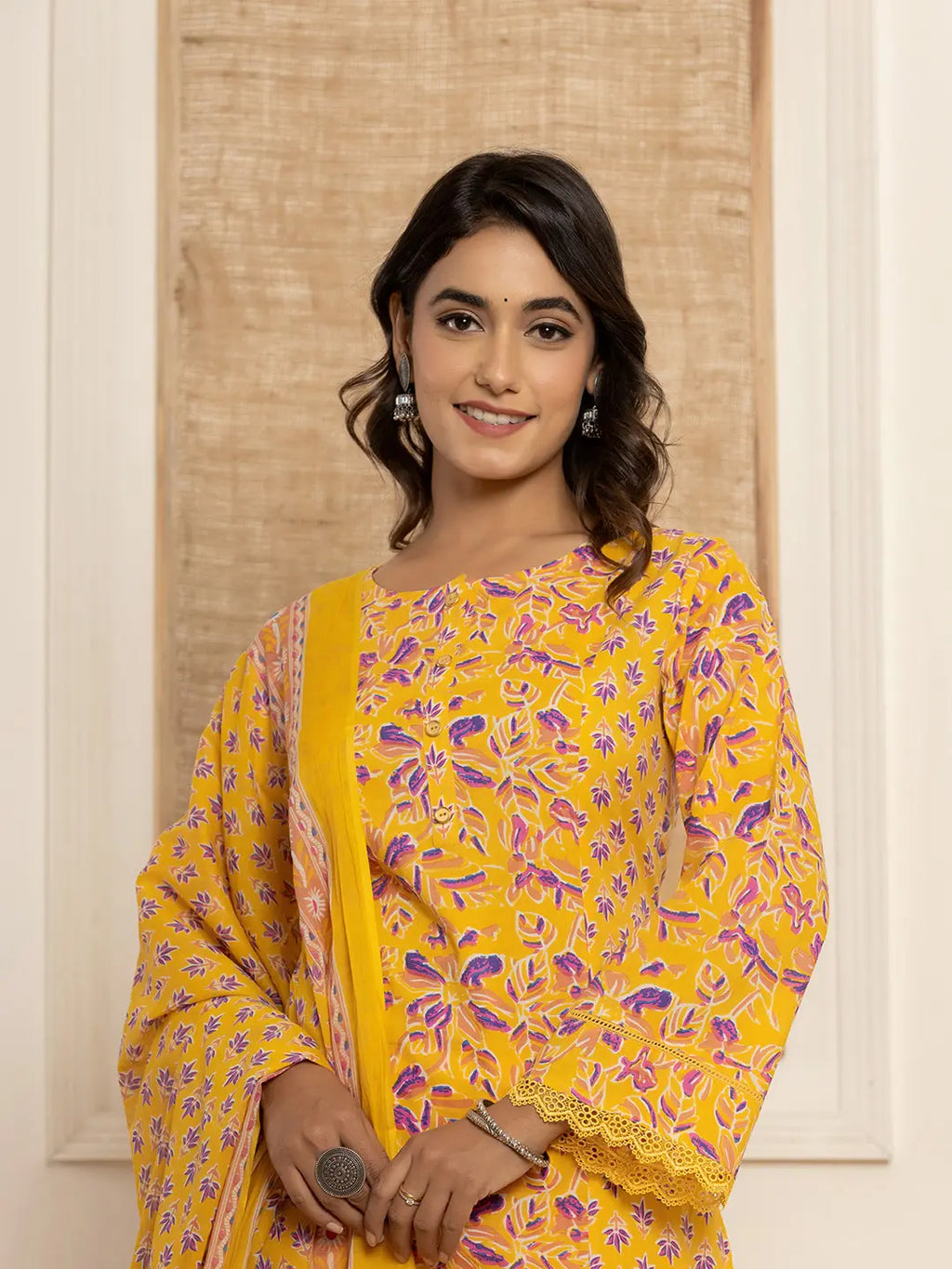 Yufta Yellow Printed Pakistani Style Kurta And Trousers With Dupatta Set