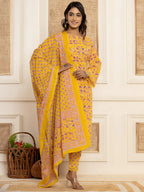 Yufta Yellow Printed Pakistani Style Kurta And Trousers With Dupatta Set