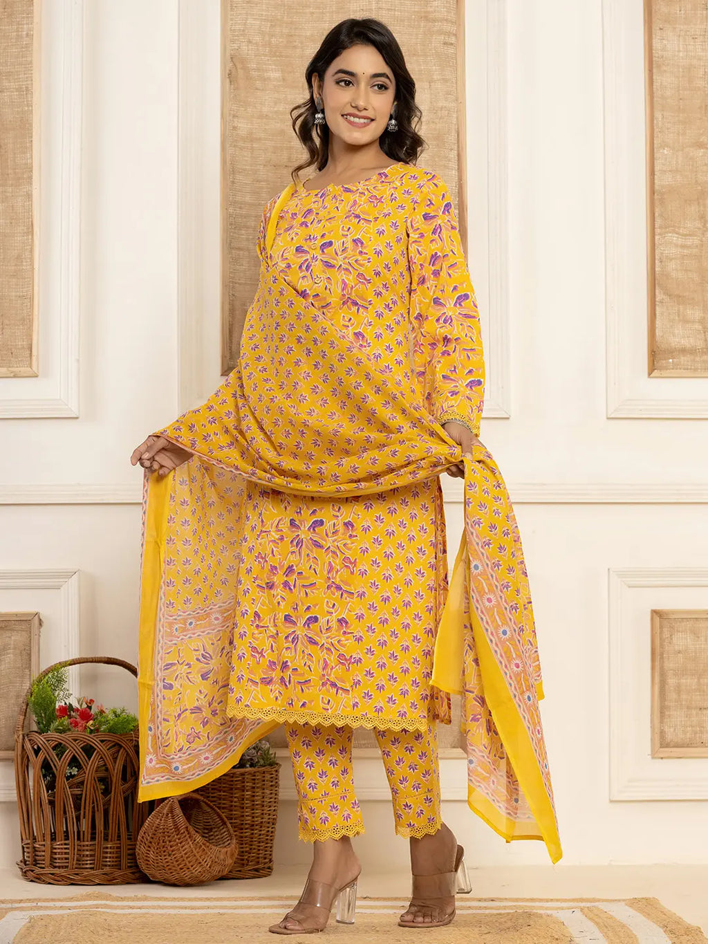 Yufta Yellow Printed Pakistani Style Kurta And Trousers With Dupatta Set