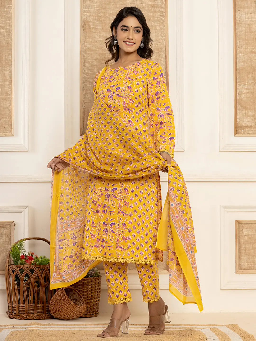Yufta Yellow Printed Pakistani Style Kurta And Trousers With Dupatta Set