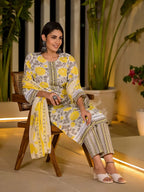 Yufta Yellow Pure Cotton Floral Print Kurta With Trousers And Dupatta Set