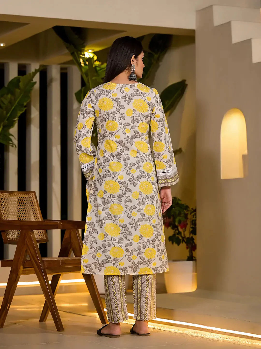 Yufta Yellow Pure Cotton Floral Print Kurta With Trousers And Dupatta Set