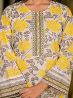 Yufta Yellow Pure Cotton Floral Print Kurta With Trousers And Dupatta Set