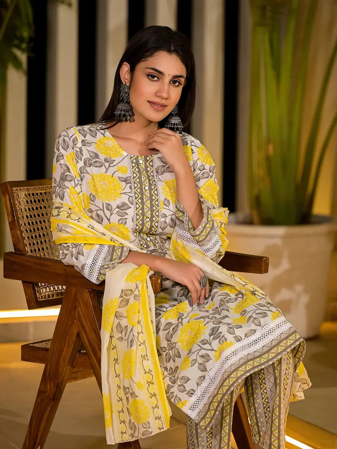 Yufta Yellow Pure Cotton Floral Print Kurta With Trousers And Dupatta Set