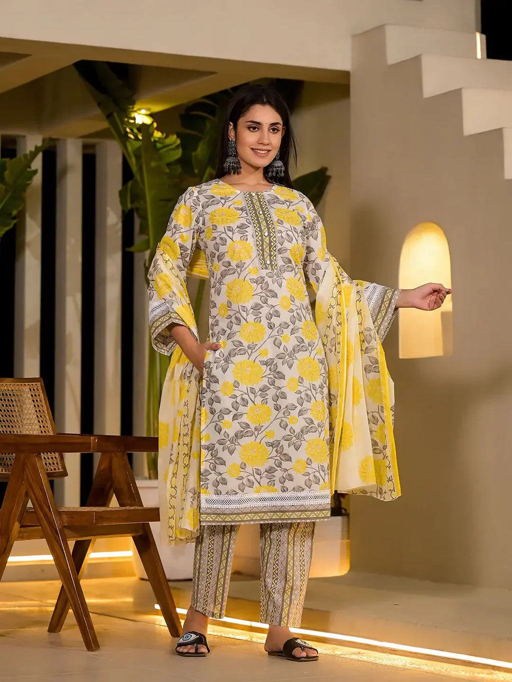 Yufta Yellow Pure Cotton Floral Print Kurta With Trousers And Dupatta Set