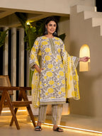 Yufta Yellow Pure Cotton Floral Print Kurta With Trousers And Dupatta Set