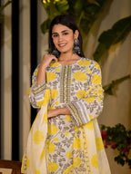 Yufta Yellow Pure Cotton Floral Print Kurta With Trousers And Dupatta Set