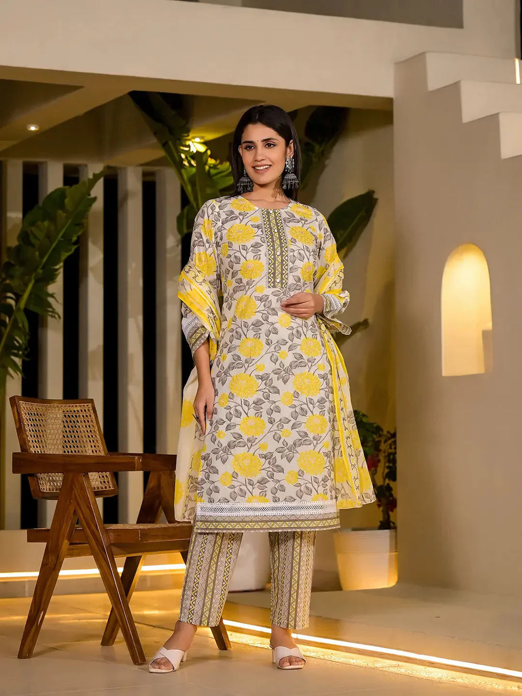 Yufta Yellow Pure Cotton Floral Print Kurta With Trousers And Dupatta Set