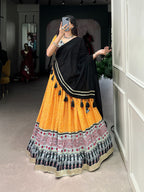 Lorenvalley Yellow Rayon with Bandhej And Ajarakh Print With Embossed Design Gota Lace Touch up Lehenga Choli