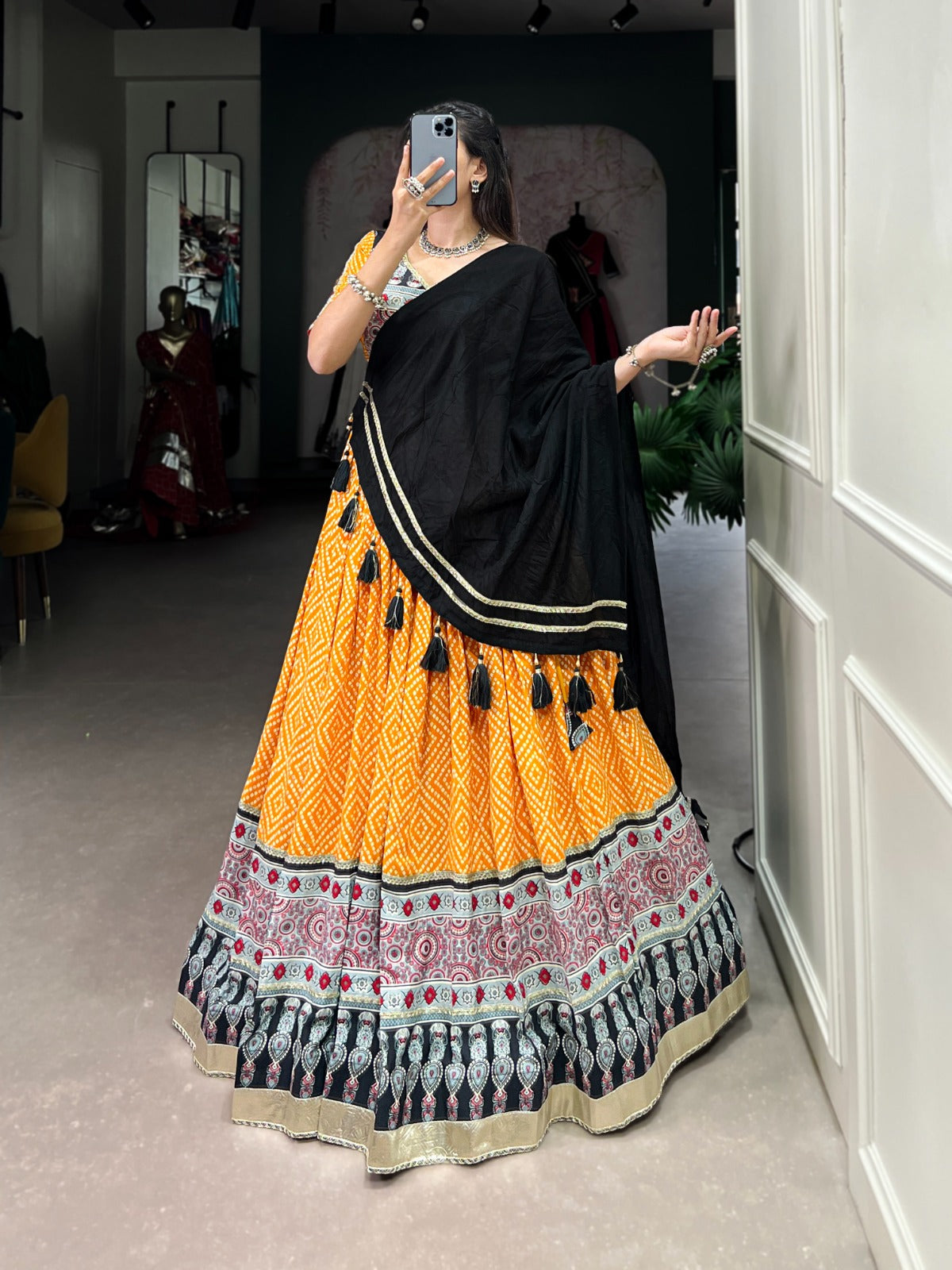 Lorenvalley Yellow Rayon with Bandhej And Ajarakh Print With Embossed Design Gota Lace Touch up Lehenga Choli