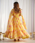 Lorenvalley Women Pure Soft Faux Georgette Floral Print Fully Flair Anarkali Kurta Pant With Dupatta Set - Yellow