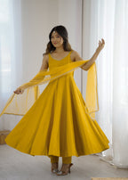 Lorenvalley Fashion Yellow Pure Romansilk Chanderi Fabric Yoke Fancy Lace Work Anarkali Kurta Pant With Dupatta Set - Distacart