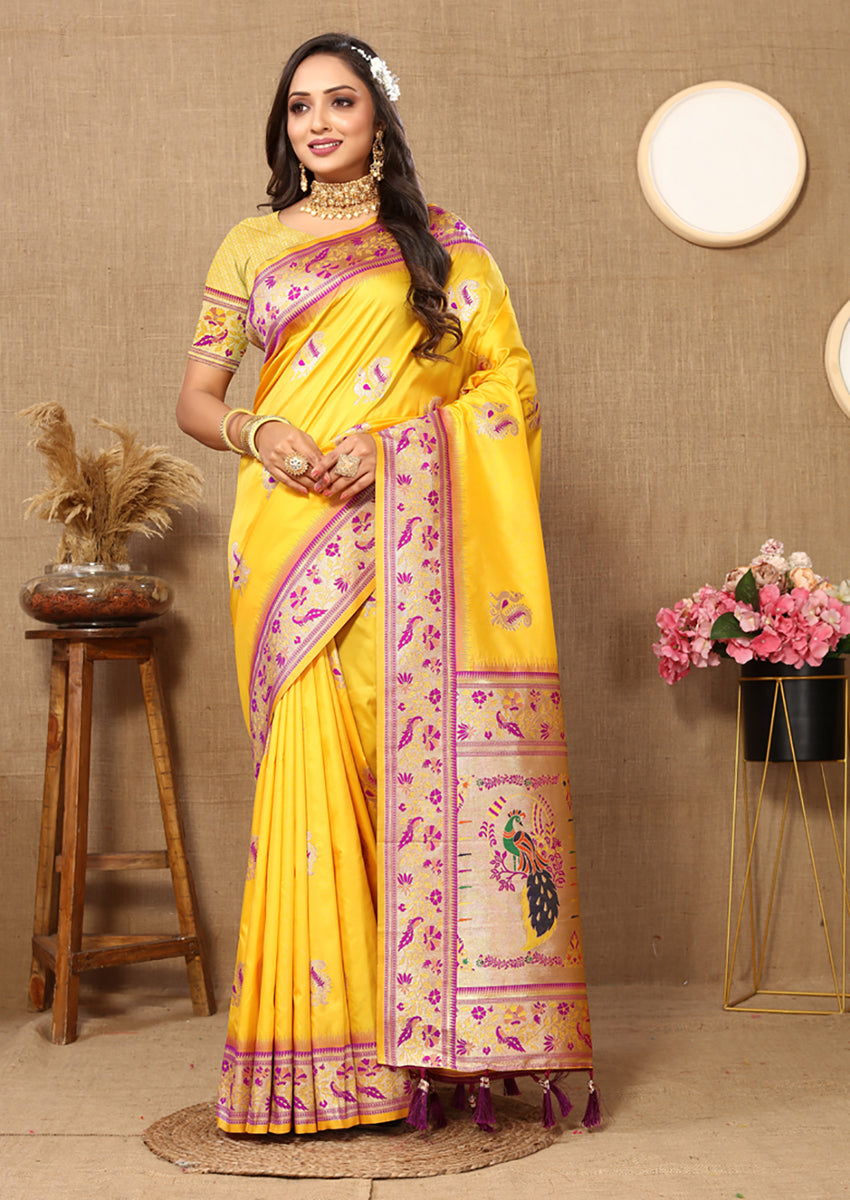 Lorenvalley Fashion Yellow Soft Paithani Silk Woven Design Rich Meenakari Zari Weaving Pallu Saree